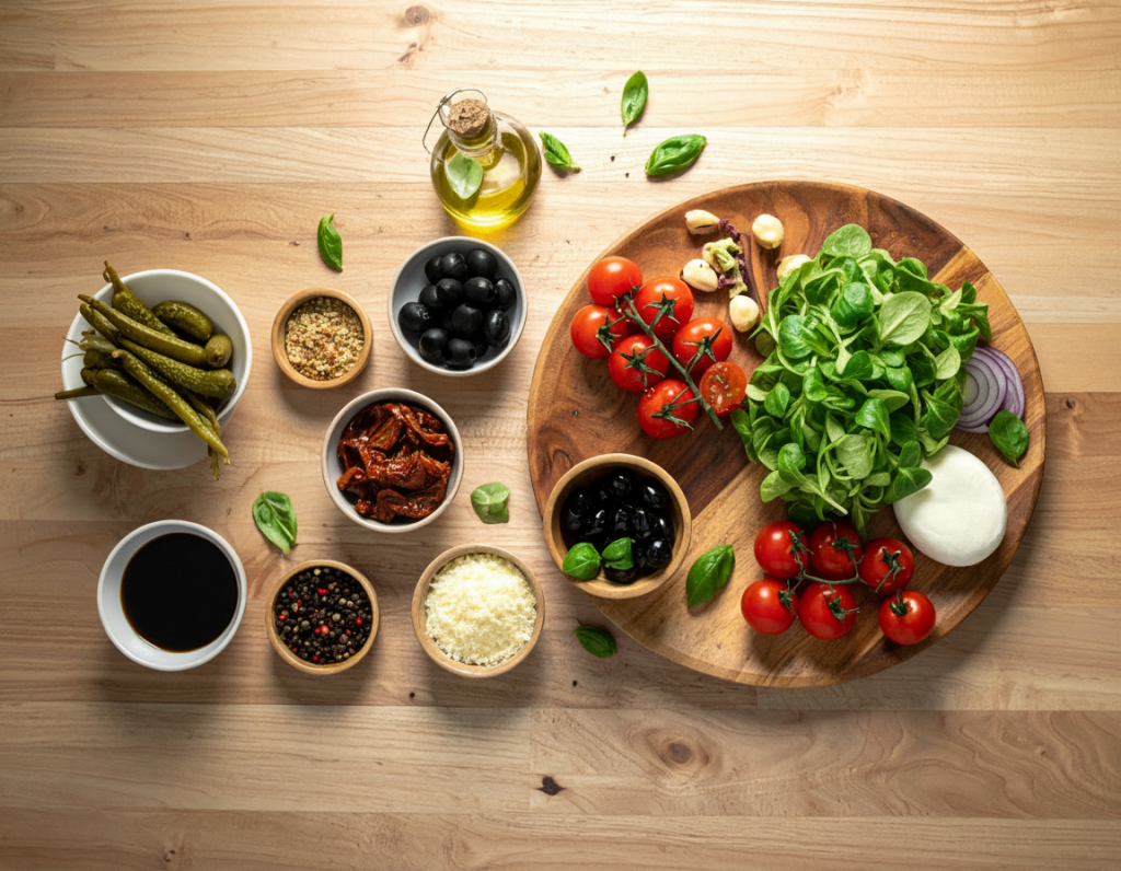 Zutaten für Caprese-Salat mit Tomaten, Mozzarella, Basilikum und Olivenöl