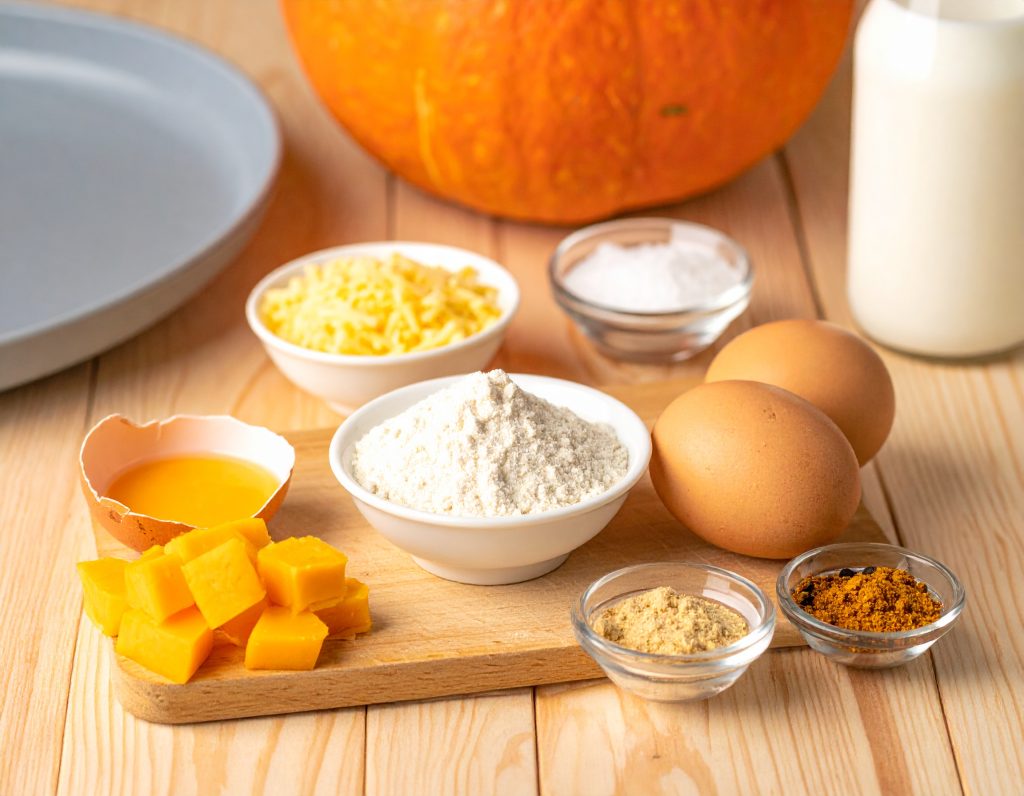 Zutaten für Kürbispfannkuchen mit Kürbis, Eiern und Mehl