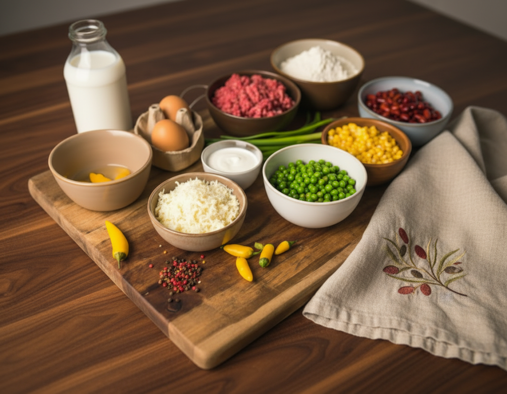 Zutaten für Protein-Wraps mit Gemüse, Hackfleisch, Eiern und Käse