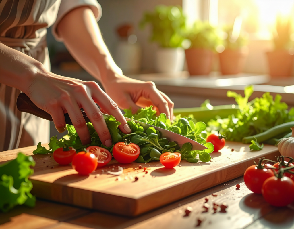 Tomaten und Blattsalat werden für Caprese-Salat geschnitten