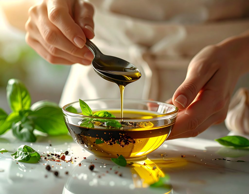 Dressing für Caprese-Salat wird mit Olivenöl und Gewürzen verrührt