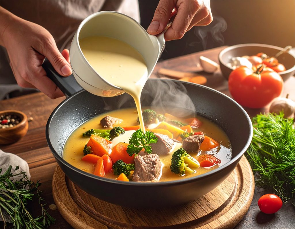 Sahnesauce wird zum gebratenen Gemüse für Kürbis-Spaghetti gegeben