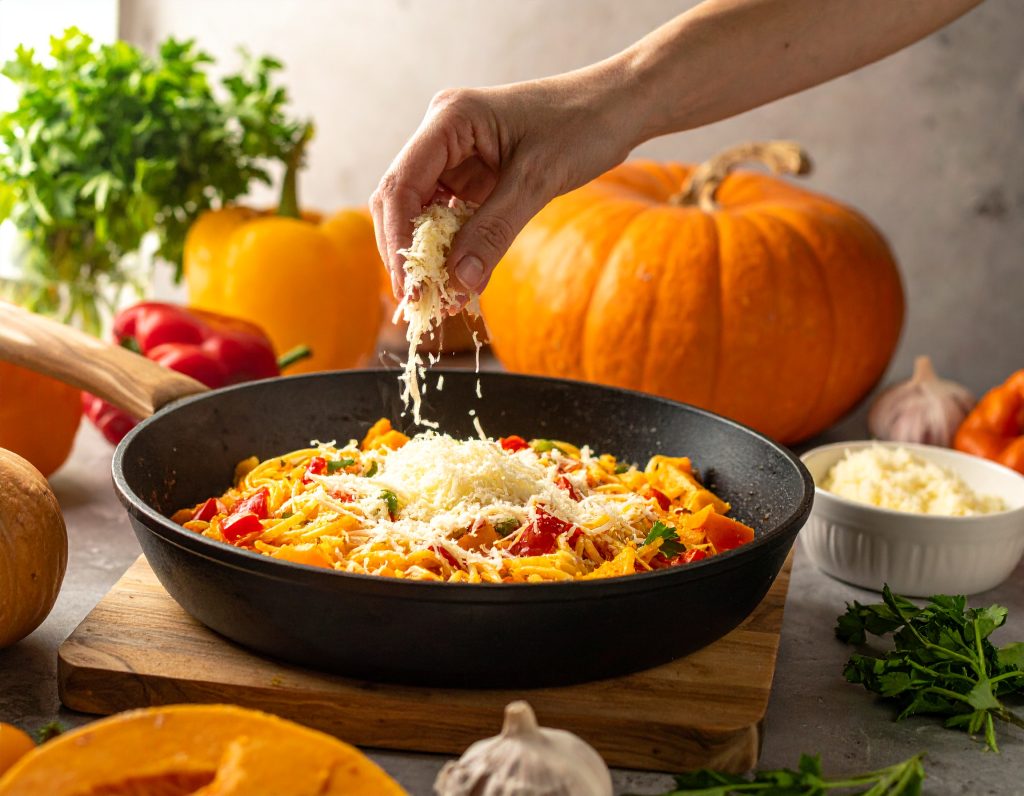 Kürbis-Spaghetti werden in der Pfanne mit Käse bestreut