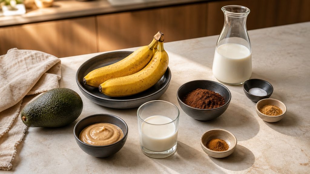 Zutaten für Mousse au Chocolat mit Avocado, Bananen, Kakao, Milch und Nussmus