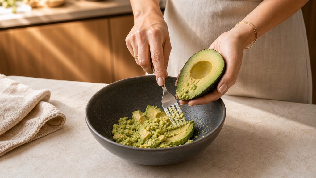 Avocado wird in einer dunklen Schale mit einer Gabel zerdrückt