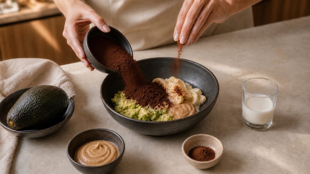 Backkakao wird zu Avocado, Banane, Nussmus und Milch gegeben