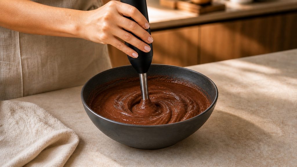Schokoladencreme wird in einer dunklen Schale fein püriert