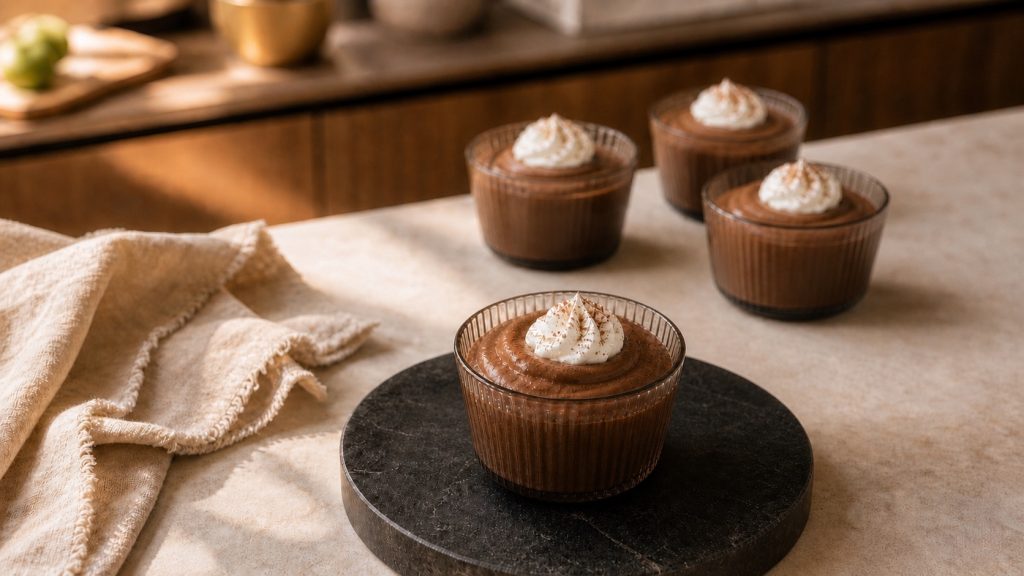 Gesundes Mousse au Chocolat mit Sahne und etwas Zimt in Dessertgläsern