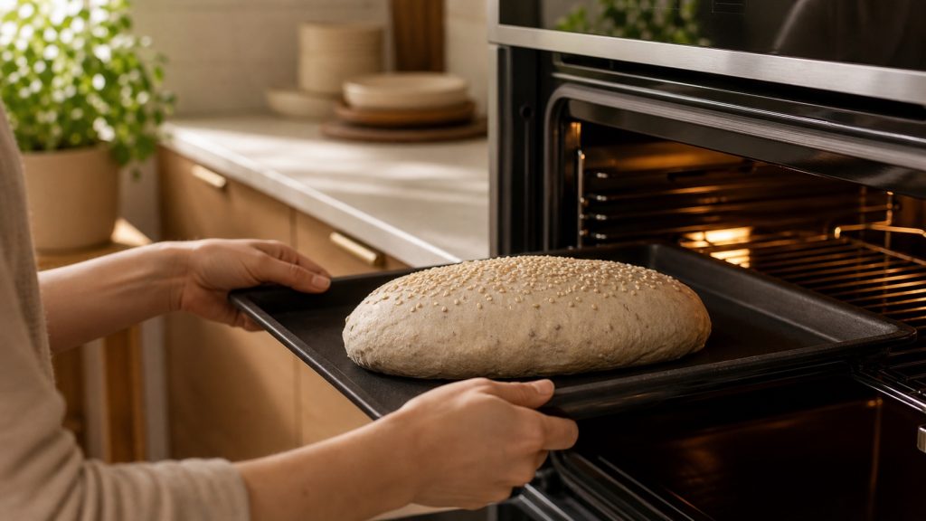 Low Carb Brotteig wird auf einem Backblech in den Ofen geschoben