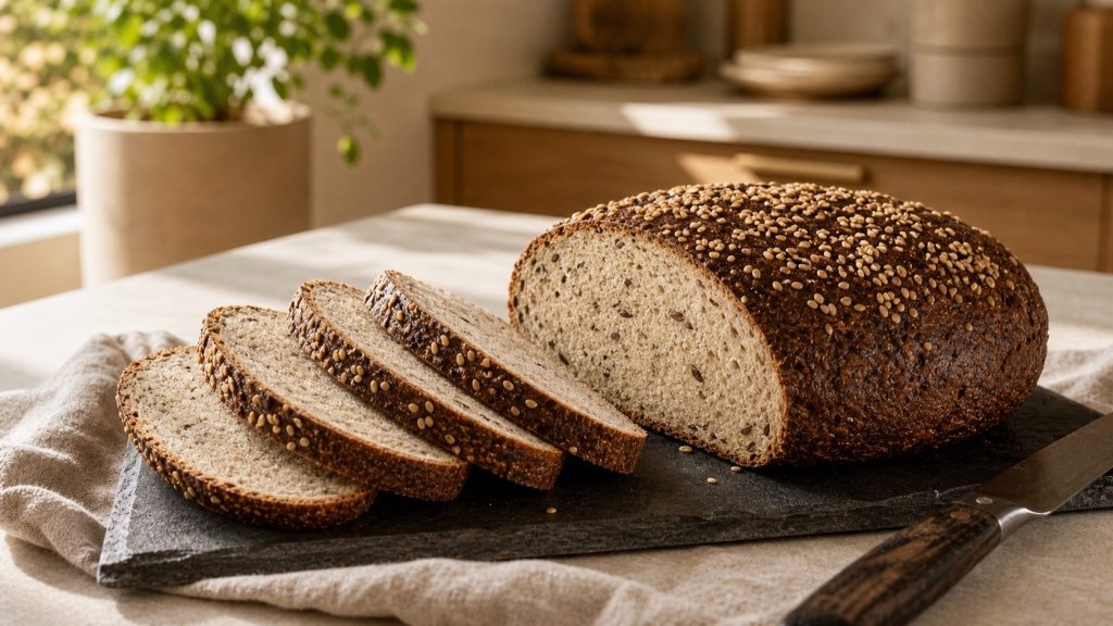Aufgeschnittenes Low Carb Brot mit brauner Sesamkruste und heller Krume