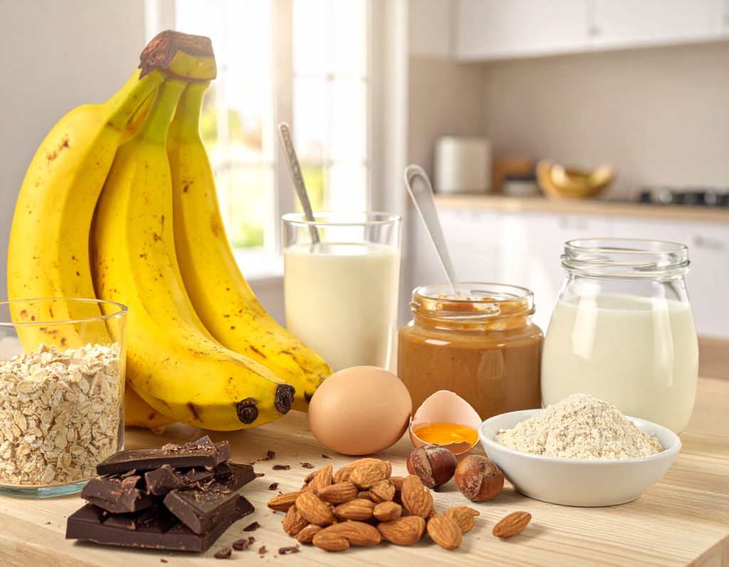Zutaten für Bananenbrot mit Bananen, Eiern, Haferflocken und Nussmus