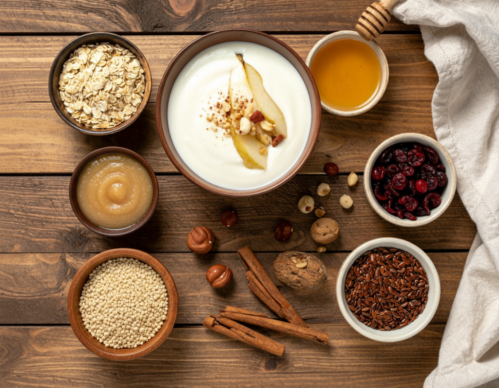 Zutaten für Joghurt-Bowl mit Joghurt, Haferflocken, Nüssen und Beeren