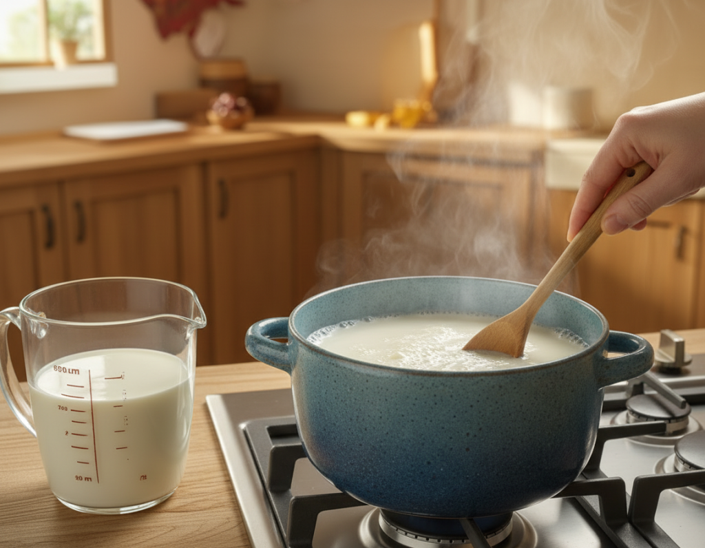 Milch wird für die Cheesecake-Creme im Topf erhitzt