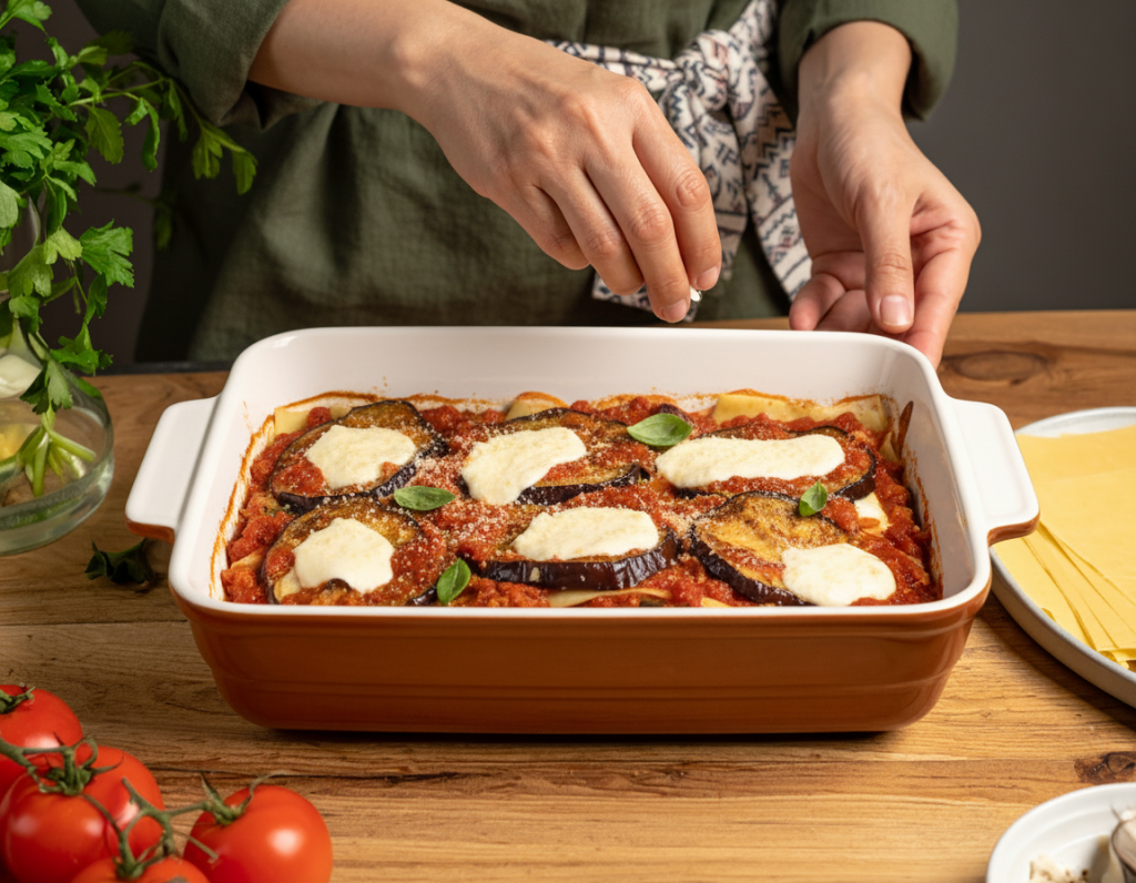 Auberginenlasagne wird mit Aubergine, Tomatensauce und Käse geschichtet
