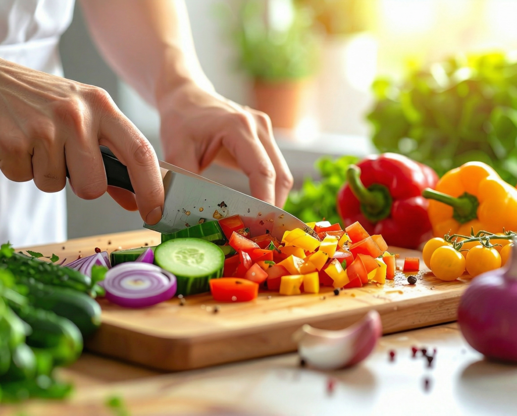 Paprika, Gurke und Zwiebel werden für Thunfischsalat geschnitten