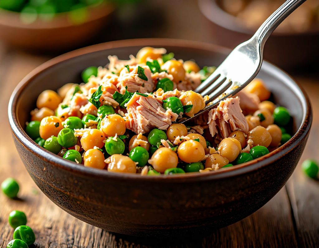Thunfisch, Kichererbsen und Gemüse werden vermischt
