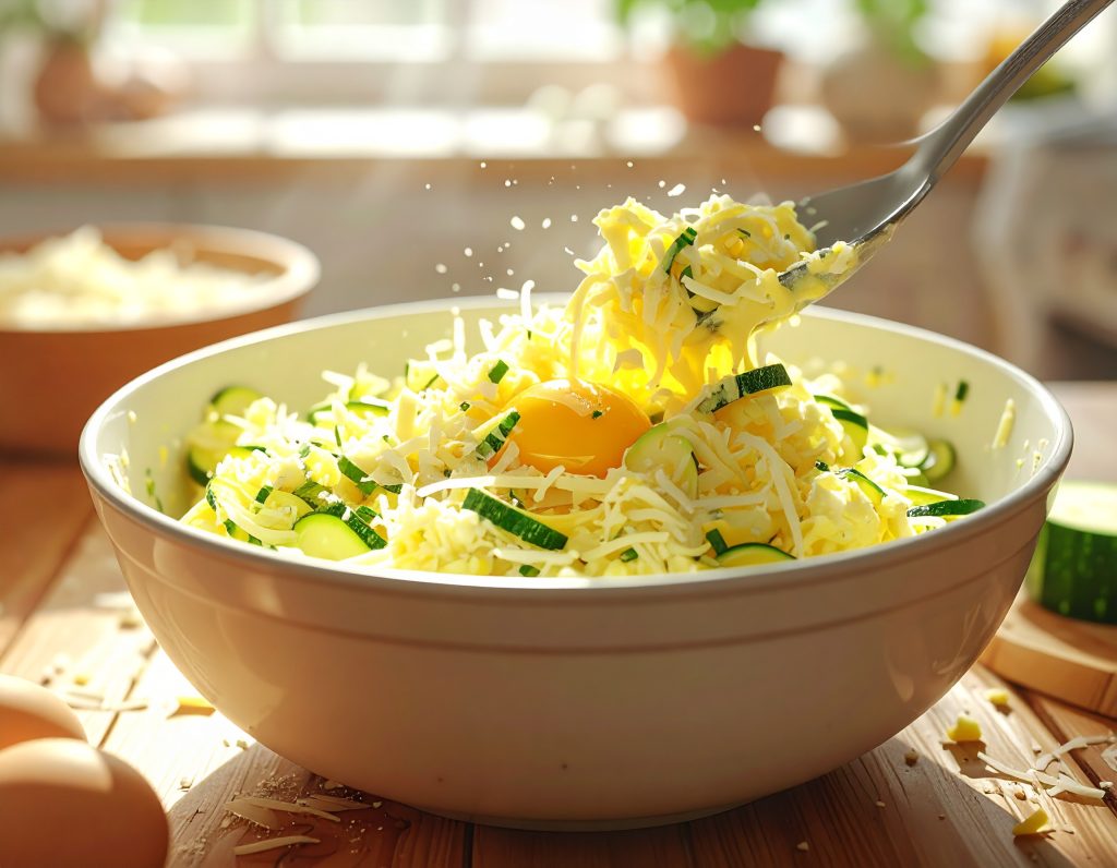 Zucchini, Ei und Käse werden für die Zucchinirolle vermischt
