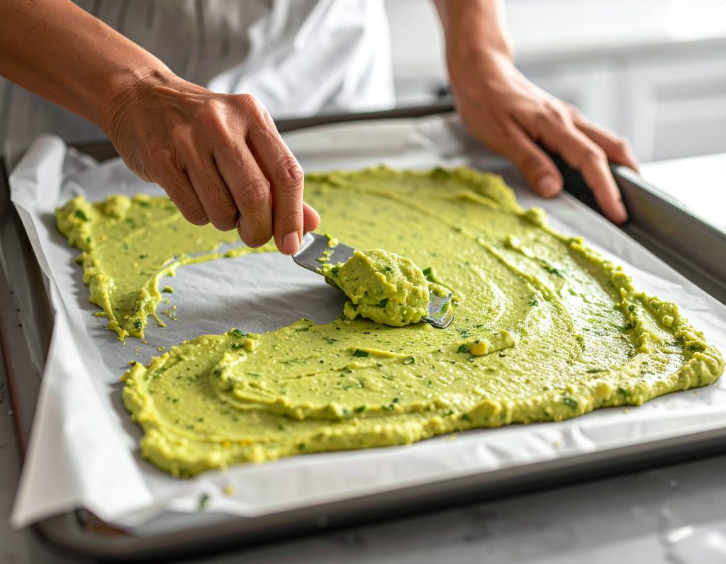 Zucchinimasse wird auf einem Backblech ausgestrichen