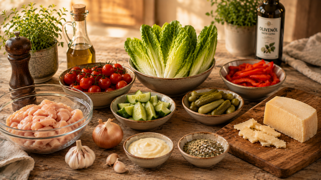 Zutaten für Caesar-Salat mit Hähnchen, Romanasalat und Parmesan