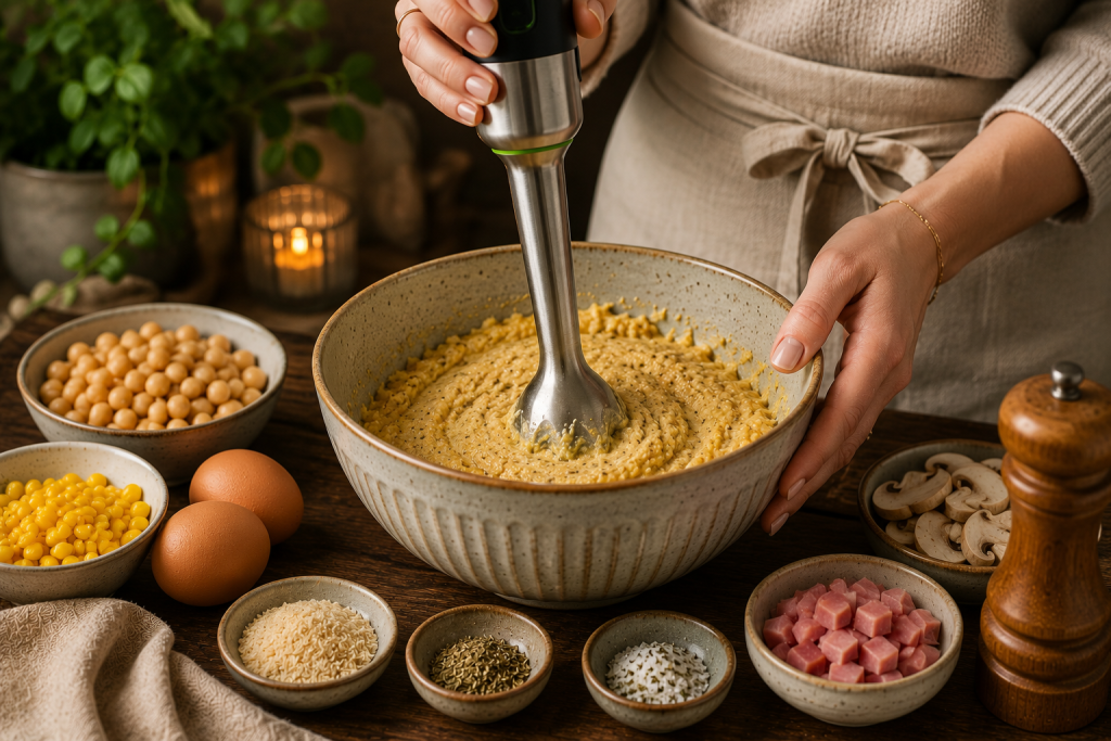 Kichererbsenteig für Protein-Pizza wird püriert