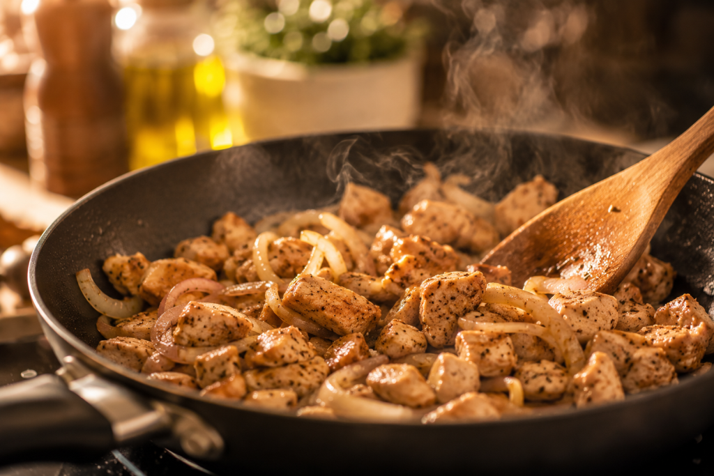 Gewürzte Hähnchenstreifen werden in der Pfanne gebraten