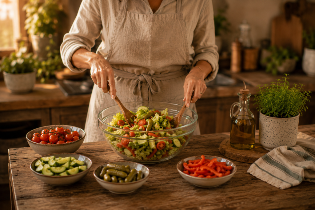 Zutaten für Caesar-Salat werden in einer Schüssel vermischt