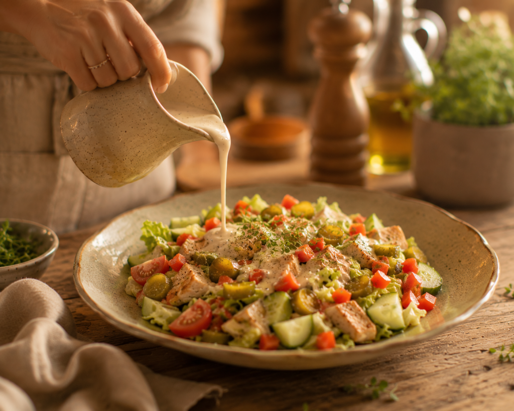 Caesar-Salat wird mit Parmesan bestreut