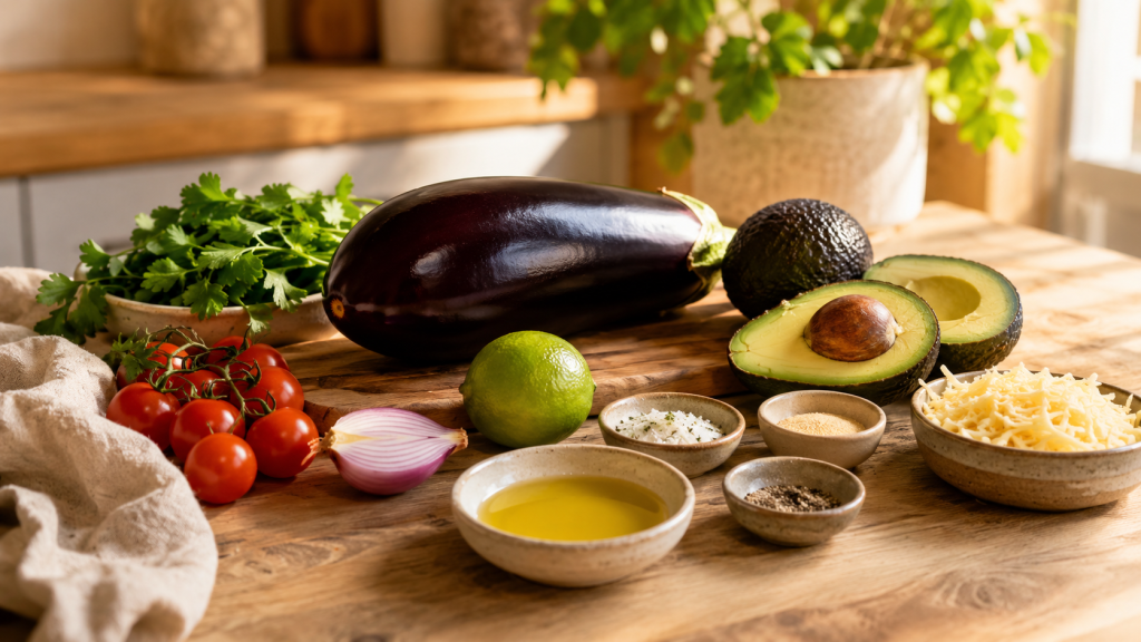 Zutaten für Auberginen-Guacamole mit Aubergine, Avocado und Tomaten