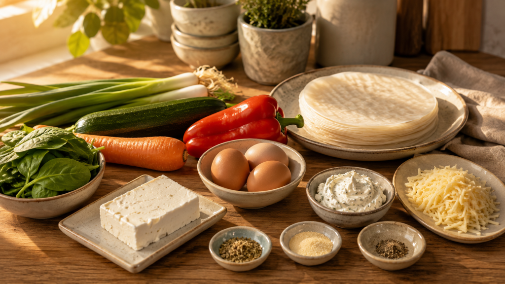 Zutaten für Gemüserollen mit Reispapier, Gemüse, Ei und Feta