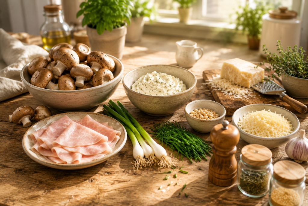 Zutaten für Low-Carb-Ofenpilze mit Champignons, Schinken und Käse