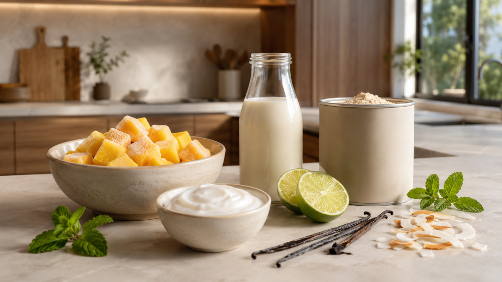 Zutaten für Mango-Protein-Smoothie mit Mango, Milch, Joghurt und Proteinpulver