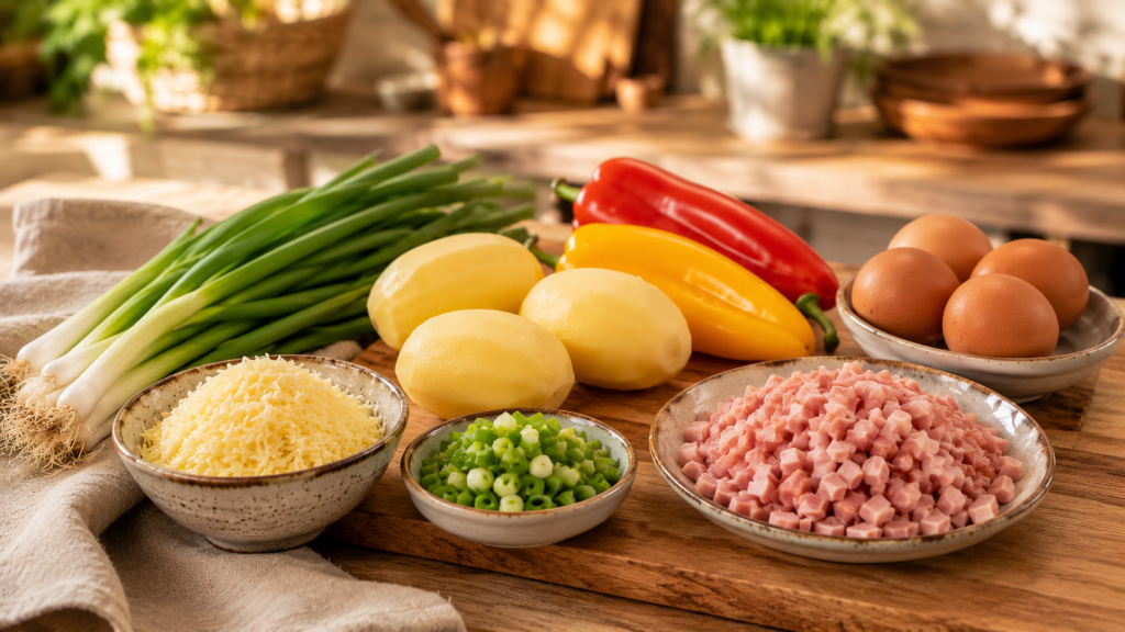 Zutaten für Protein-Gröstl mit Kartoffeln, Gemüse, Eiern und Schinken