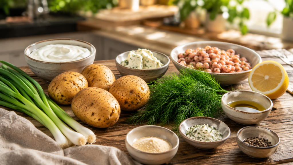 Zutaten für Proteinkartoffeln mit Kartoffeln, Kräutern, Skyr und Kichererbsen