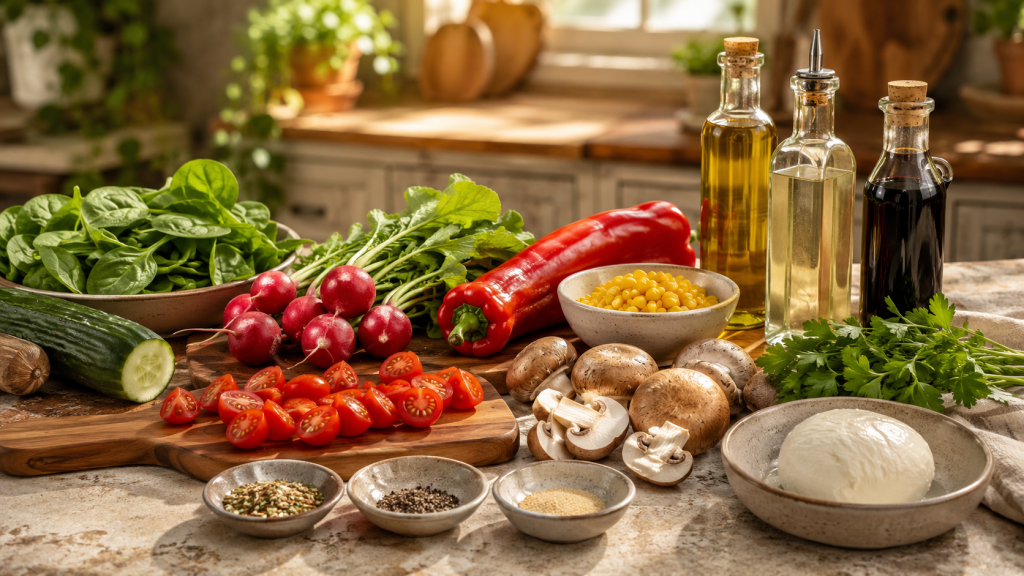 Zutaten für Sommersalat mit Gemüse, Mais, Kräutern und Mozzarella