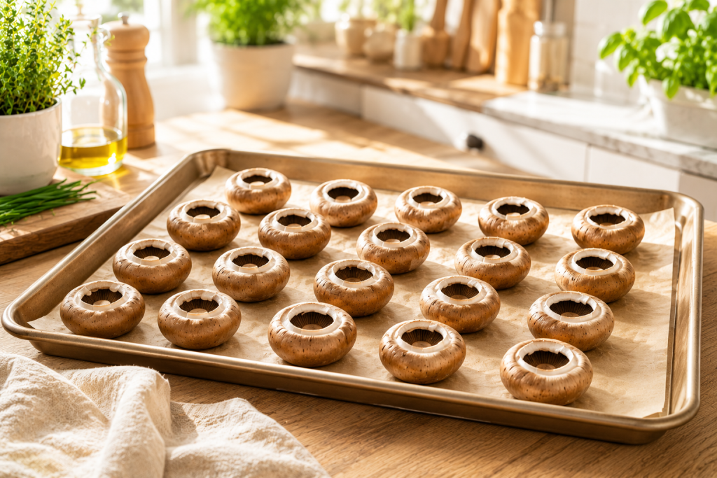 Champignons liegen vorbereitet auf einem Backblech