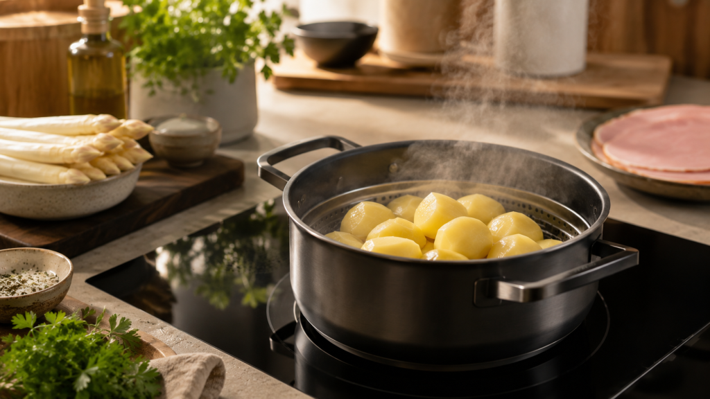 Kartoffeln werden in einem Topf gekocht