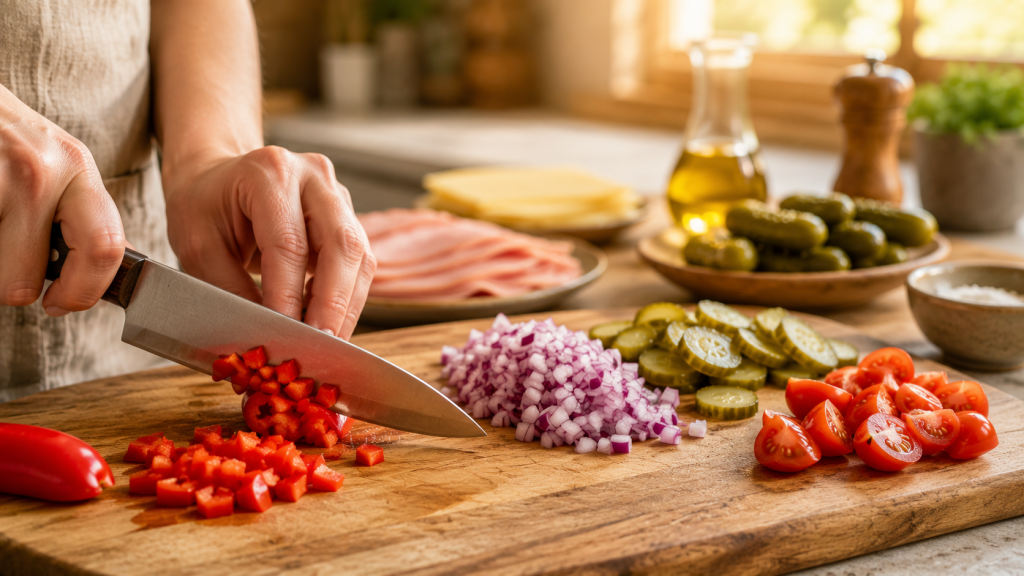 Paprika, Zwiebel und Tomaten werden für Wurstsalat geschnitten