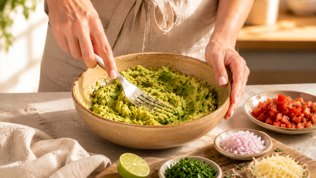 Aubergine und Avocado werden für die Guacamole zerdrückt