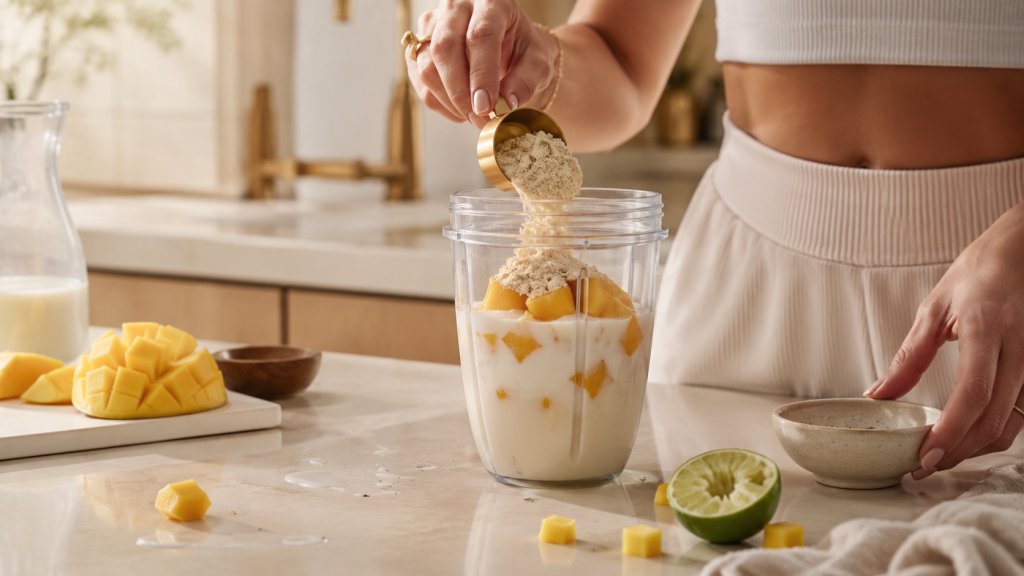 Proteinpulver wird zu Mango und Joghurt in den Mixer gegeben
