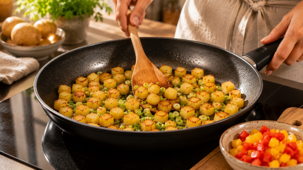 Kartoffeln und Erbsen werden in der Pfanne angebraten