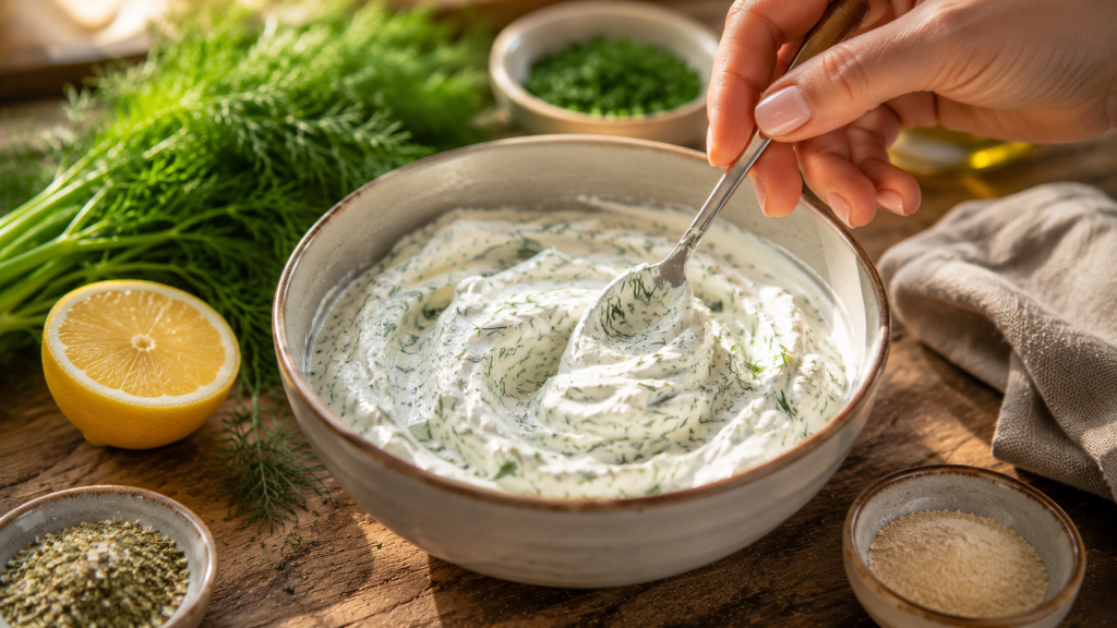 Kräuter-Dip für Proteinkartoffeln wird verrührt