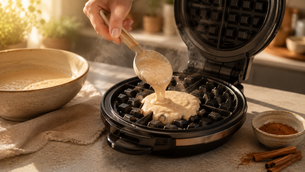 Teig für Birnen-Zimt-Waffeln wird ins Waffeleisen gefüllt