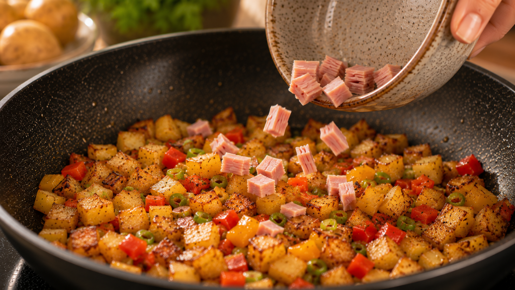 Schinken wird zum Protein-Gröstl in die Pfanne gegeben