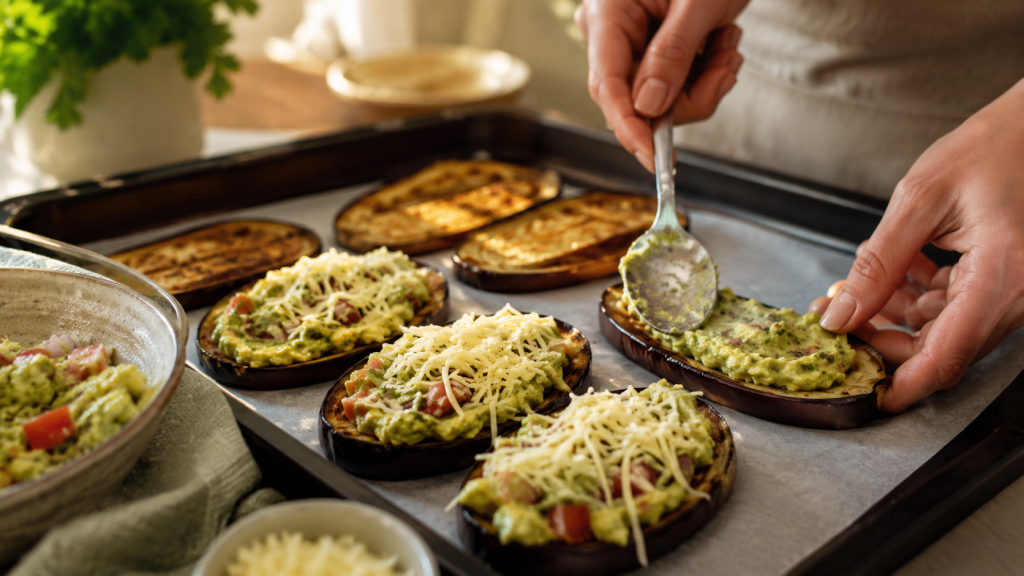 Auberginenscheiben werden mit Guacamole und Käse belegt