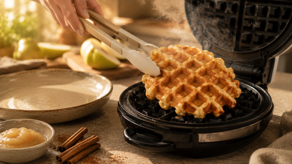 Birnen-Zimt-Waffel wird aus dem Waffeleisen genommen
