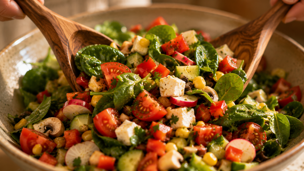 Fertiger bunter Sommersalat mit Tomaten, Gurke und Kräutern