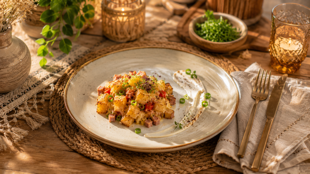Fertig angerichtetes Protein-Gröstl mit Kartoffeln, Gemüse und Ei