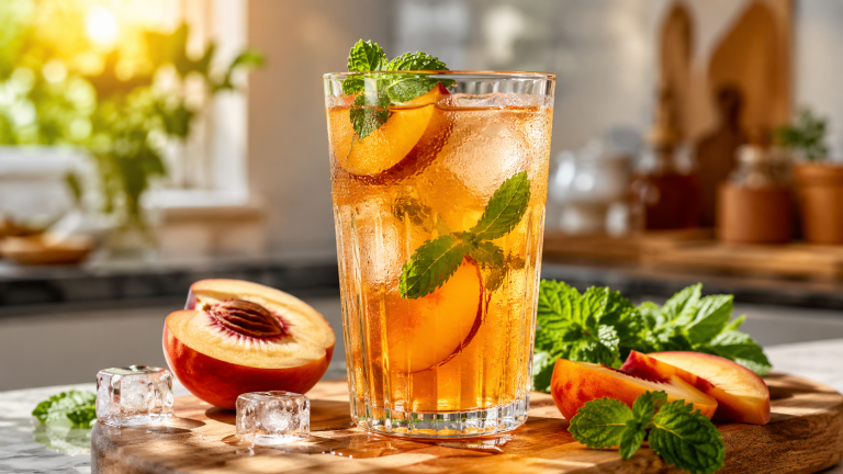 Pfirsich-Kaltaufguss mit Limette, Minze und Eiswürfeln