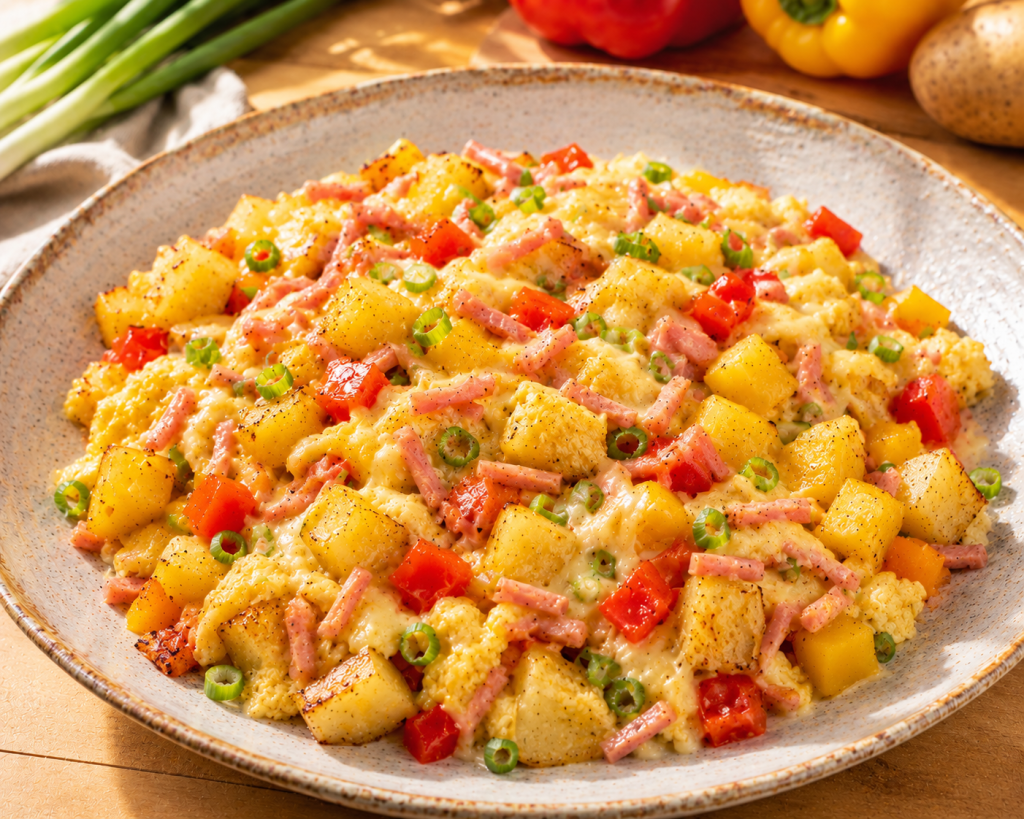 Protein-Gröstl mit Kartoffeln, Gemüse, Ei und Schinken