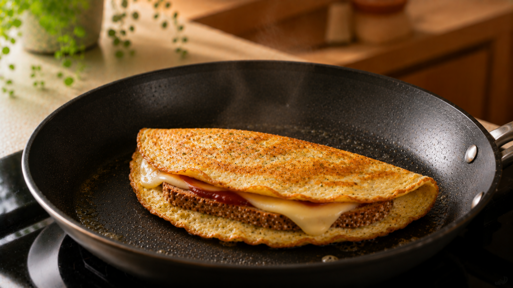 Frühstückssandwich mit Schinken und Käse wird in der Pfanne geröstet